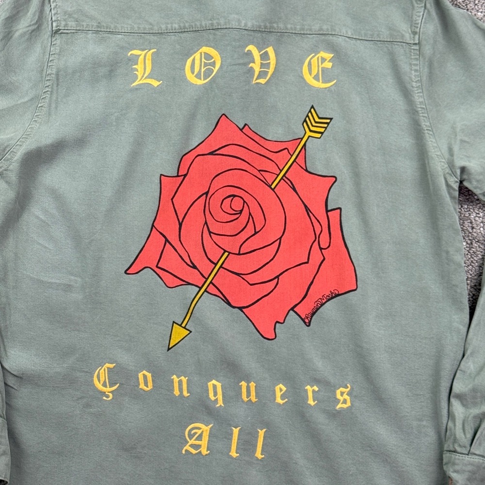 Lauren Moshi Sloane XS Love Conquers All Rose Military Green Button Shirt